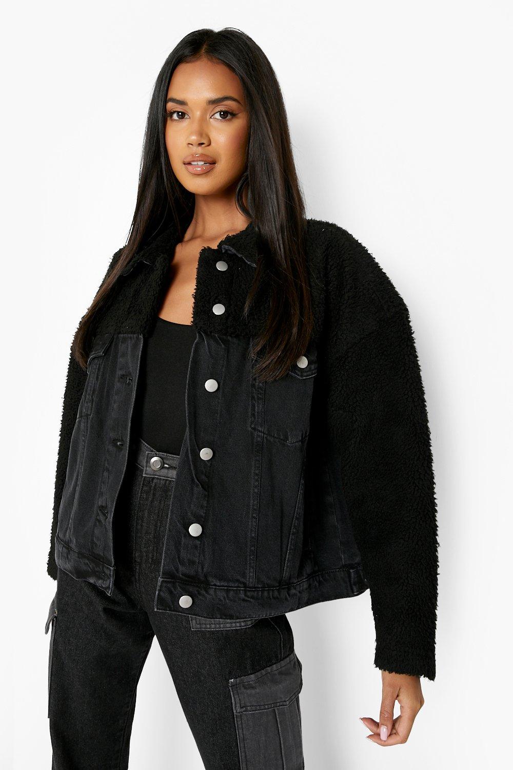 Womens black borg deals denim jacket